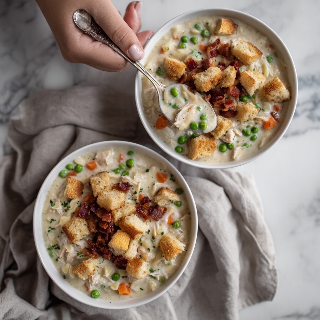 Creamy Chicken Noodle Soup with Crispy Bacon and Mini Croutons Recipe - Recipe Image