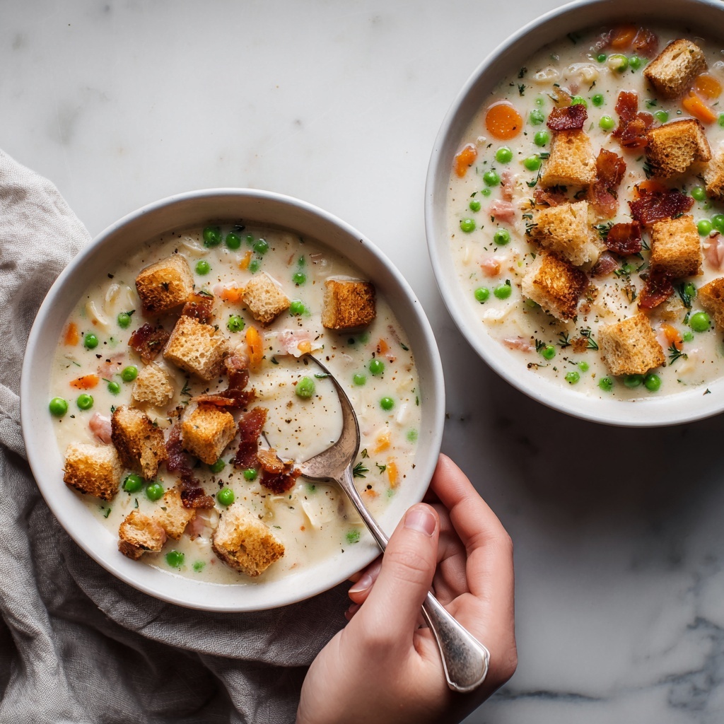 Creamy Chicken Noodle Soup with Crispy Bacon and Mini Croutons Recipe - Recipe Image